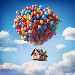 House fly away up in the air thanks to helium balloons