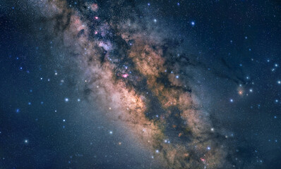 Astrophotography: the Milky Way. Sharp stars, dark blue night sky and the glowing core of the galaxy  - obrazy, fototapety, plakaty