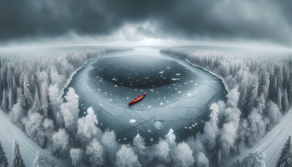 Frozen lake captured in a panoramic view