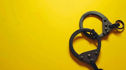 Opened handcuffs on yellow background.