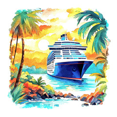 Cruise Ship  near tropical Island, color pencil style sketch illustration.