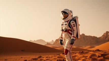 Young female Astronaut in a white and black space suit walking on the planet mars, red planet