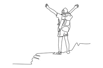 Continuous one line drawing Solo climbers feel very happy and amazed to see the natural scenery on the mountain. Adventure minimalist concept. Teamwork hiking. Single line draw design vector