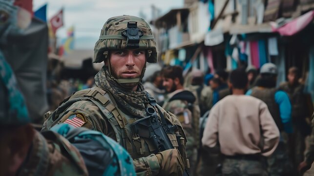 Portrait of a soldier in full gear amidst civilians in a bustling market. military presence, candid capture. AI