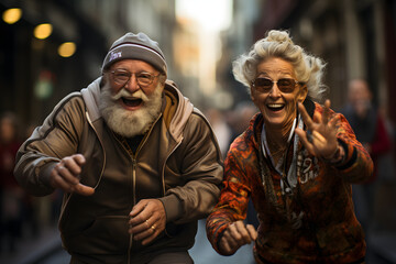 Elderly Couple Running Together in Marathon Race. Happy Senior Couple Jogging in Sportswear
