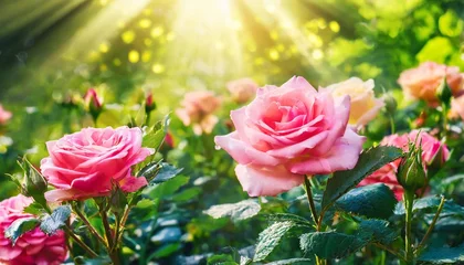 Fototapeten blooming rose flowers in fabulous garden on mysterious fairy tale spring or summer floral sunny background with sun light beams and rays fantasy amazing nature dreamy landscape wide panoramic banner © Mac