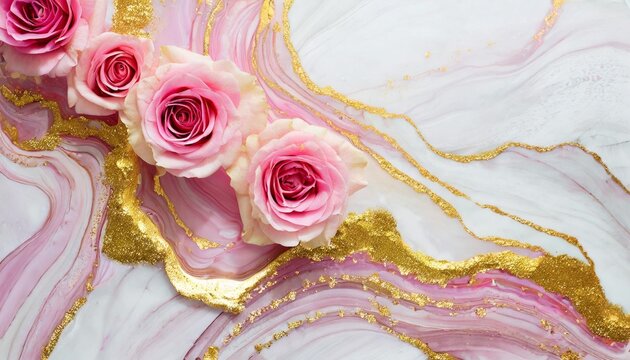 abstract marble marbled stone ink liquid fluid painted painting texture luxury background banner pink petals blossom flower swirls gold painted lines