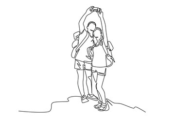 Continuous one line drawing A pair of climbers captures moments while climbing together. Teamwork hiking. Single line draw design vector