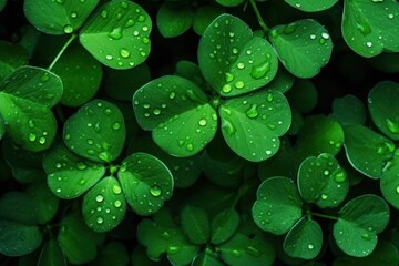 Green clover leaves speckled with water droplets.
