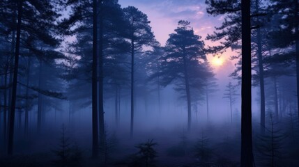 Fototapeta na wymiar At twilight, the foggy pine forests are nature's lullaby, with the sun's serene serenade painting indigo and amethyst shades
