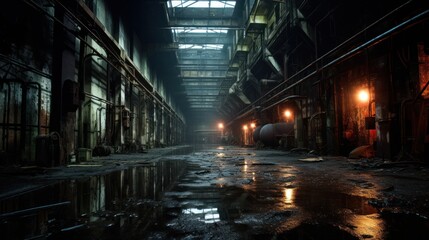 Fototapeta na wymiar Abandoned ruined industrial building room interior.