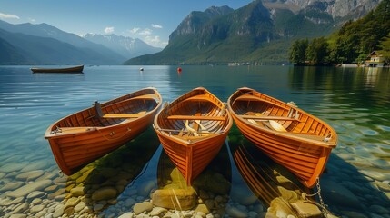 Traditional wooden rowboats moored on the crystal-clear waters of a tranquil mountain lake...