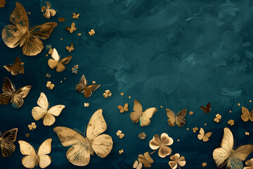 Golden Butterflies on Textured  dark Teal Background