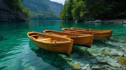 Traditional wooden rowboats moored on the crystal-clear waters of a tranquil mountain lake...