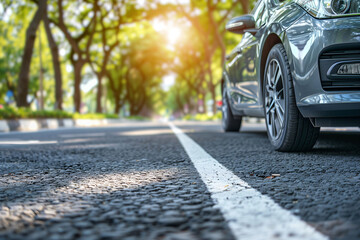 Low angle view of a modern car driving on a sunny road surrounded by lush green trees, depicting travel and nature..