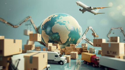 Illustration of airplanes, trucks, and packages symbolizing worldwide delivery, Global logistics and supply chain management services advertisement. - obrazy, fototapety, plakaty