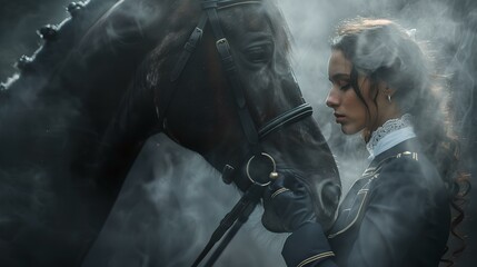 Elegant woman in vintage attire affectionately stroking a black horse in misty ambiance. classic and timeless portrait. ideal for historical concepts. AI