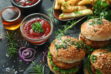 Table With Burgers and French Fries