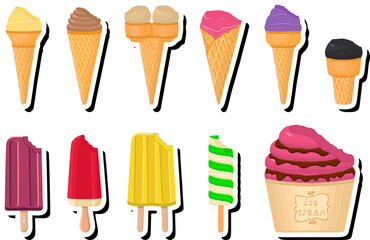 Illustration on theme big kit ice cream popsicle different types in cone waffle cup