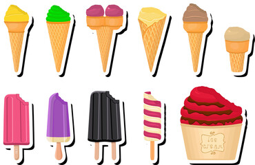 Illustration on theme big kit ice cream popsicle different types in cone waffle cup