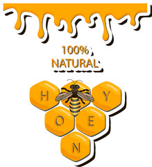 Drop of bee honey drip from hexagonal honeycombs filled with golden nectar