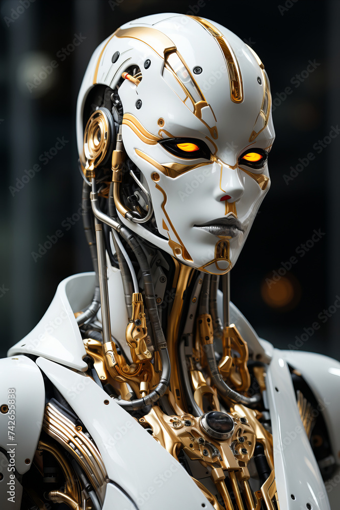 Poster close portrait of android robot with glowing eyes on dark background.