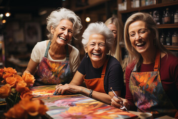 Persona mayor disfrutando de las clases de pintura y actividades artisticas. Talleres para personas jubiladas. - obrazy, fototapety, plakaty