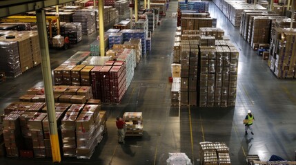 Aerial view of warehouse. Retail warehouse with shelves with goods in cardboard boxes. Product distribution logistics center.
