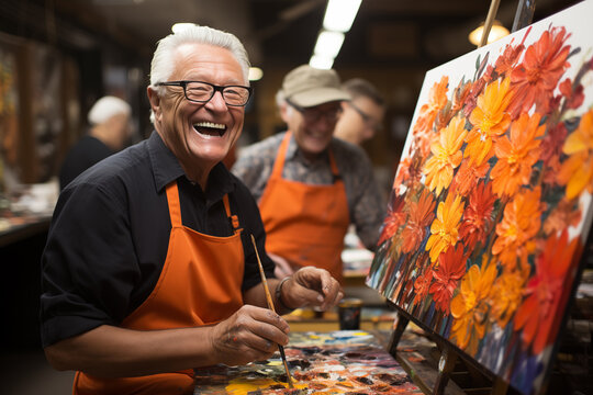 Persona mayor disfrutando de las clases de pintura y actividades artisticas. Talleres para personas jubiladas.