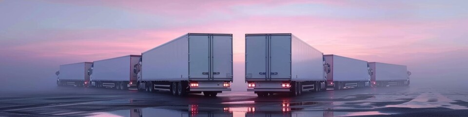 Semi-trucks in convoy on misty road at dawn or dusk. Advertisement for a long-haul trucking company. - obrazy, fototapety, plakaty