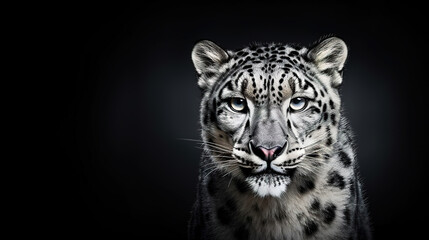 Front view of Snow Leopard on dark gray background. Wild animals banner with copy space 