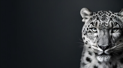 Obraz premium Front view of Snow Leopard on dark gray background. Wild animals banner with copy space 