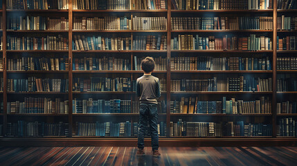 boy is standing in front of bookshelves of a library , Children Book Day - obrazy, fototapety, plakaty