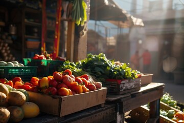Fresh vegetables on display at a market stall with soft sunlight, busy market atmosphere, no people in focus