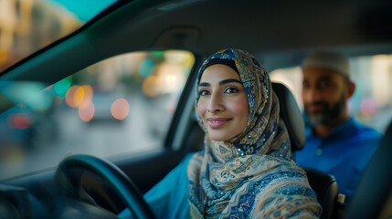 Woman in hijab driving, smiling, working as a rideshare driver - obrazy, fototapety, plakaty