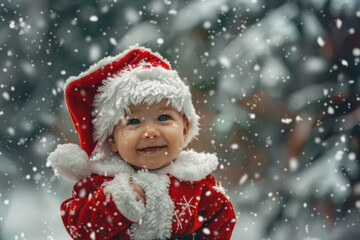 Cute baby boy in Santa Claus costume on blurred snowy Christmas background