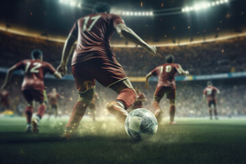 Close-up of a soccer match in action with rival football players on the stadium field.