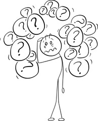Worried and Frustrated Person Thinking About Problem or Question, Vector Cartoon Stick Figure Illustration
