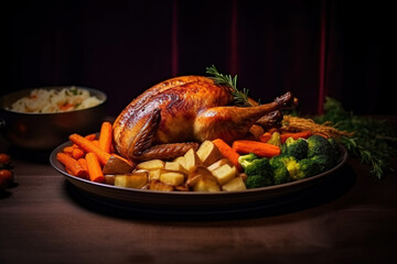 Roasted chicken with potatoes and vegetables in a ceramic dish on dark background.