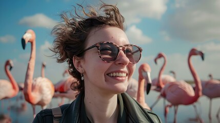 Joyful woman in sunglasses with flamingos in background. candid lifestyle photo. happy outdoor leisure moment captured. casual fashion style. AI