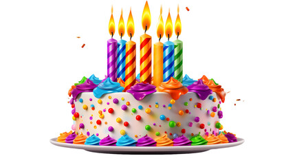 Colorful Birthday Cake with Vibrant Candles on transparent background, png file