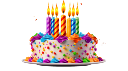 Colorful Birthday Cake with Vibrant Candles on transparent background, png file