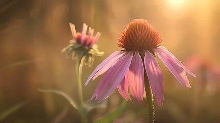 Serene echinacea flowers basking in golden sunset light, nature's perfection captured. ideal for relaxing backgrounds. AI