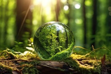 Close up of large water drop in the forest with reflection.