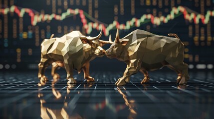 Stock Exchange Trading Bull Market digital gold and financial charts - obrazy, fototapety, plakaty
