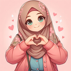 Cute sweet anime Muslim girl shows a heart sign with her hands, in a pink hijab