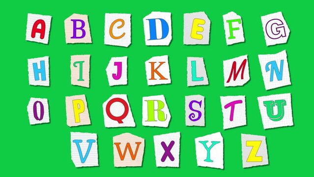 colorful alphabet letters cut out 4k loop animation on green background design element
