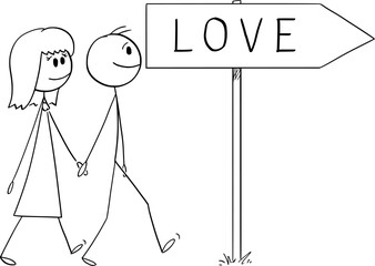 Man and Woman Walking Happily Together for Love, Vector Cartoon Stick Figure Illustration - 742659025