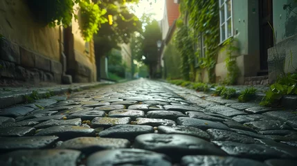 Papier Peint photo Ruelle étroite Sunlight filters through leaves over a quaint cobblestone alley in an old town, evoking a sense of history and charm.