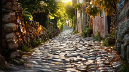 Cercles muraux Ruelle étroite Sunlight filters through leaves over a quaint cobblestone alley in an old town, evoking a sense of history and charm.